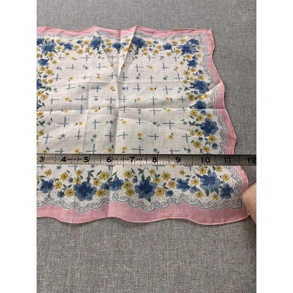 Vintage Hankerchief Blue Pink Yellow Flowers Floral Pocket Scarf Hanky 12